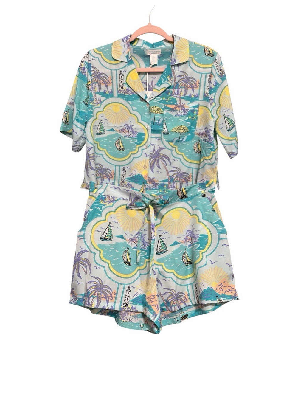 Cynthia Rowley 2 Piece  Sailboat Notch Collar Pajama Shorts Set Size S - Picture 9 of 10